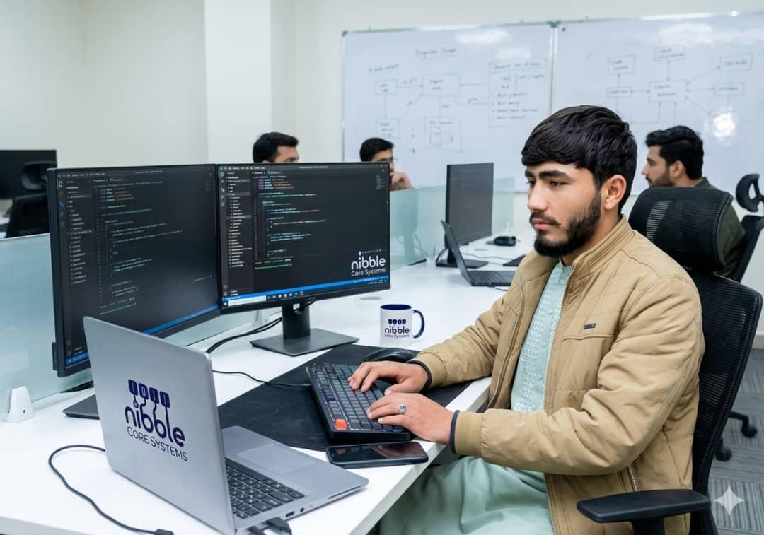 Kalimullah Mayar working at a computer desk
